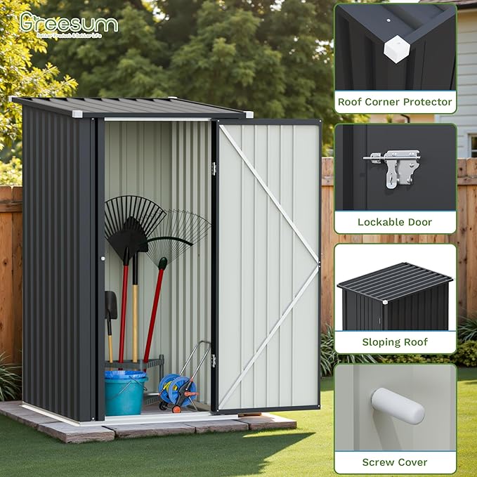 Greesum 3×3FT Outdoor Storage Shed, Metal Sheds with Sloping Roof and Lockable Single Door, Steel Tool Shed for Backyard, Bike, Patio, Garage, Lawn, Black-VerdiqueGarden