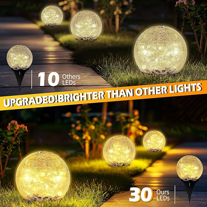 Garden Solar Ball Lights Outdoor Waterproof, 30 LED Cracked Glass Globe Solar Power Ground Lights for Path Yard Patio Lawn, Christmas Decoration Landscape Warm White(2 Pack 3.9'')-VerdiqueGarden