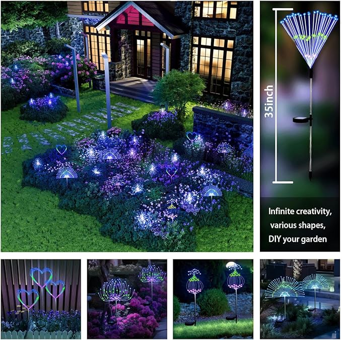 Honche Pack of 4 Upgrade Solar Fireworks 120LEDs Garden Fairy Lights, ROHS CE Certified 120 Led DIY Shapes Multicolored Lights IP65 Weatherproof for Christmas Pathway Parties Garden Decor-VerdiqueGarden