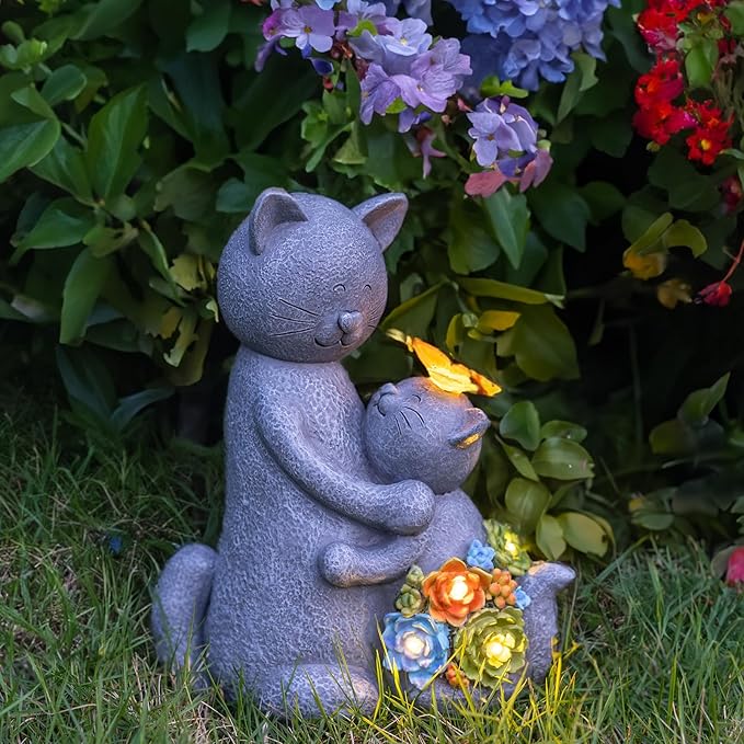 Solar Garden Statues Loving Cat Figurine Lights for Outside, Yard Decorations Outdoor, Garden Christmas Decor Unique Birthday Housewarming Gifts for Mom, Women-VerdiqueGarden