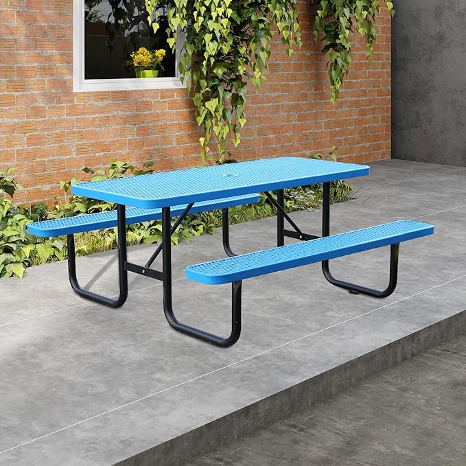 6FT Metal Picnic Tables for Outdoors, Commercial Rectangular Picnic Table and Bench Set for Outside, Patio, Garden, Backyard, Porch, Surface Mount, Blue-VerdiqueGarden
