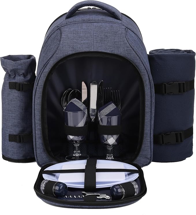 Apollo Walker Picnic Backpack Bag for 2 Person with Cooler Compartment, Detachable Bottle/Wine Holder, Fleece Blanket, Plates and Cutlery Set (2 Person, Navy)-VerdiqueGarden