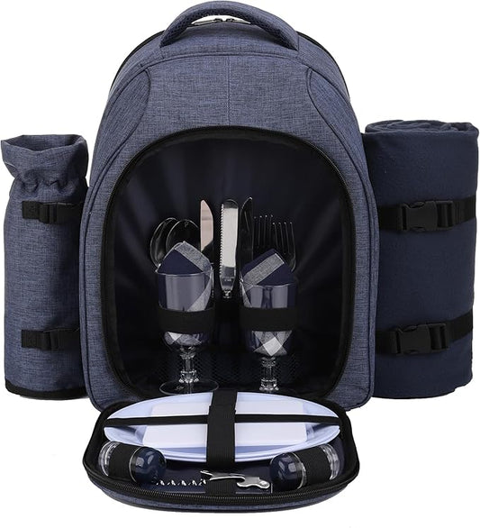 Apollo Walker Picnic Backpack Bag for 2 Person with Cooler Compartment, Detachable Bottle/Wine Holder, Fleece Blanket, Plates and Cutlery Set (2 Person, Navy)-VerdiqueGarden