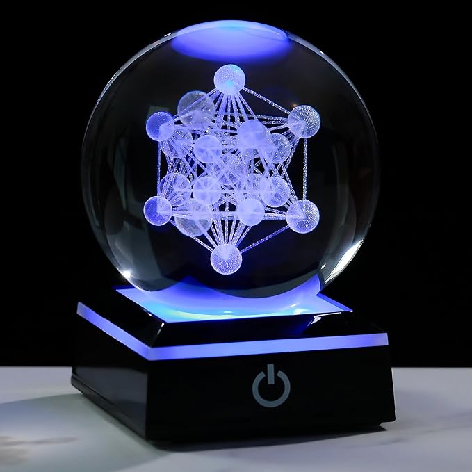 Qianwei 3D Metatron's Cube Crystal Ball with LED Colorful Lighting Touch Base - Flower of Life Night Light - Grid Sacred Geometry Sphere for Meditation Decor Spiritual Decor-VerdiqueGarden