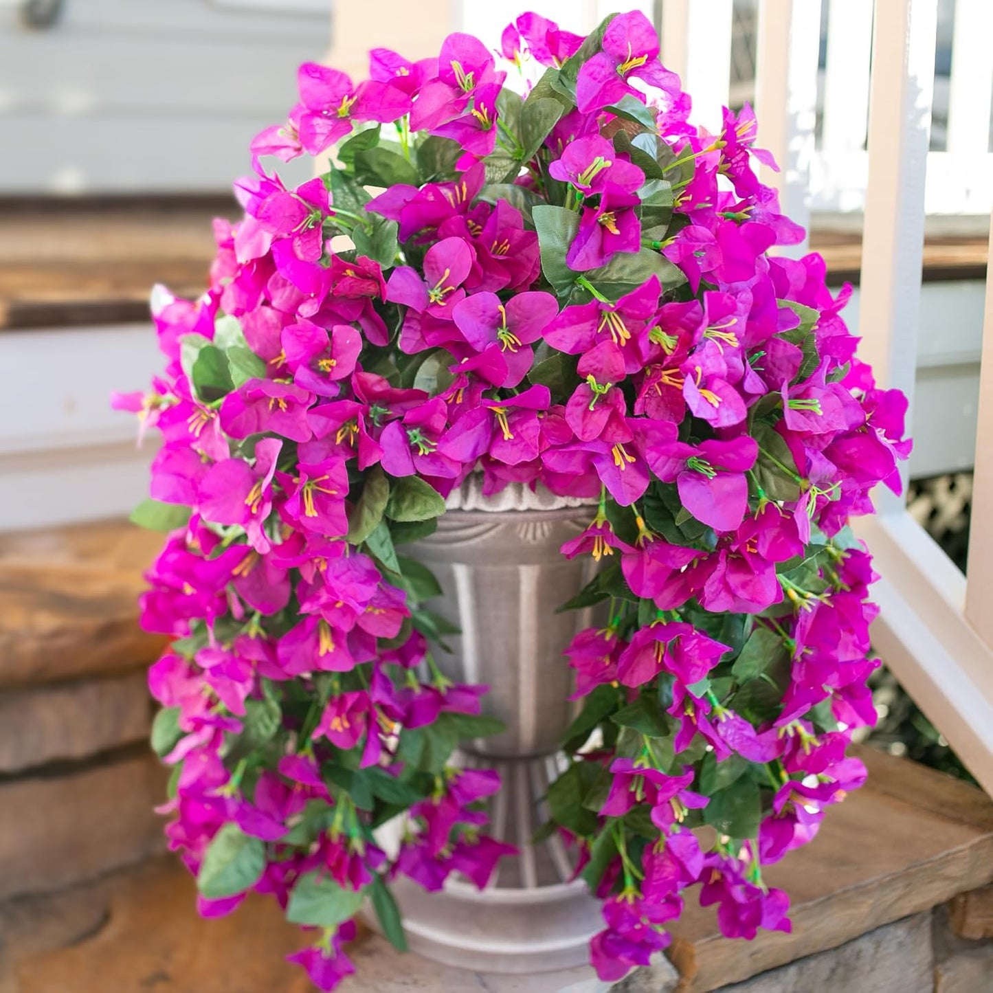 Bougainvillea Artificial Hanging Flowers Plants for Outdoors Decoration, 2pcs Fake Flowers Silk Bougainvillea Vines Realistic UV Resistant Faux Flowers for Outdoor Planters Patio Urn, Purple-VerdiqueGarden