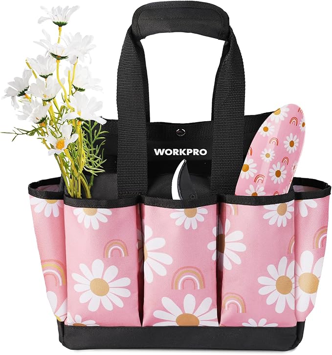 WORKPRO Garden Tool Bag, 9 Pockets Gardening Bag, Heavy Duty Oxford Garden Tote Caddy (Tools NOT Included), 12" x 12" x 6"-Pink Ribbon-VerdiqueGarden