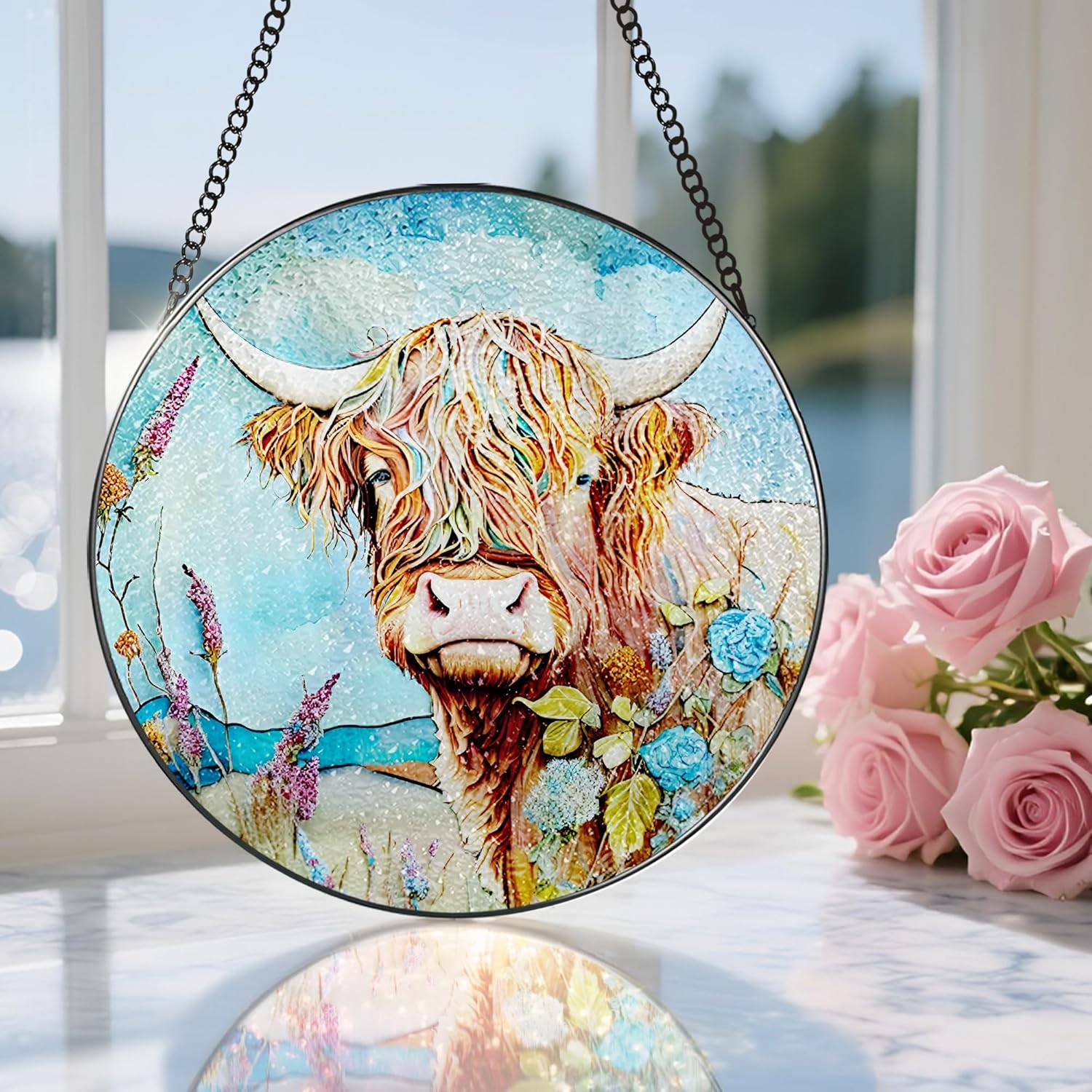 Stained Glass Window Hanging, Stained Glass Suncatcher, Cow Sun Catcher, Window Hanging Decor, Cow Gift, Gifts for Mothers Day or Fathers Day, Christmas or Birthday Gift, Gifts for Her Him-VerdiqueGarden