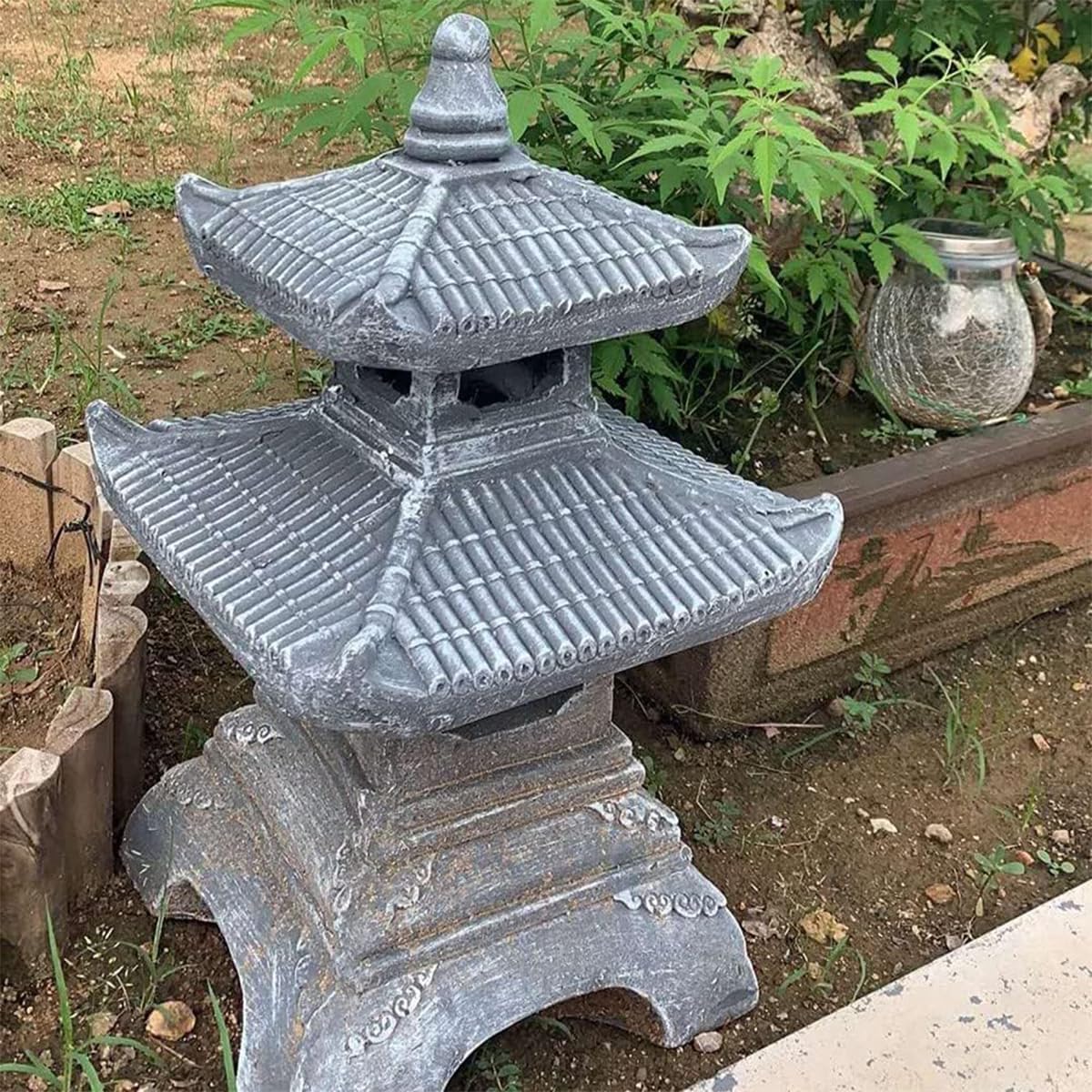 Outdoor Zen Garden Lantern - 2 Tier Pagoda Garden Statue, Stone Lantern, Japanese Style for Zen Lawn Garden Decoration and Christmas Ornament (Dark Gray)-VerdiqueGarden