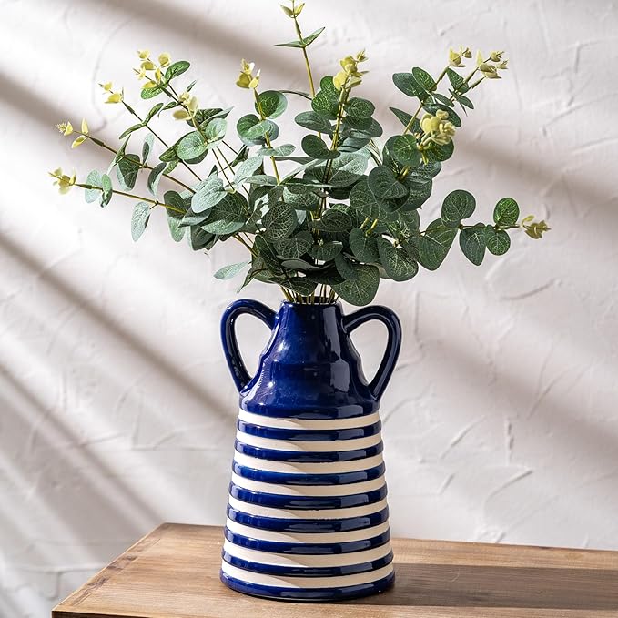 Ceramic Blue and White Checkered Stripes Vase with Handles, Modern Bohemian Floral Navy Blue Vases for Centerpieces, Cottage Core Home Decor, Flower Vases for Bouquet Tabletop Kitchen Bookshelf 8.9 In-VerdiqueGarden