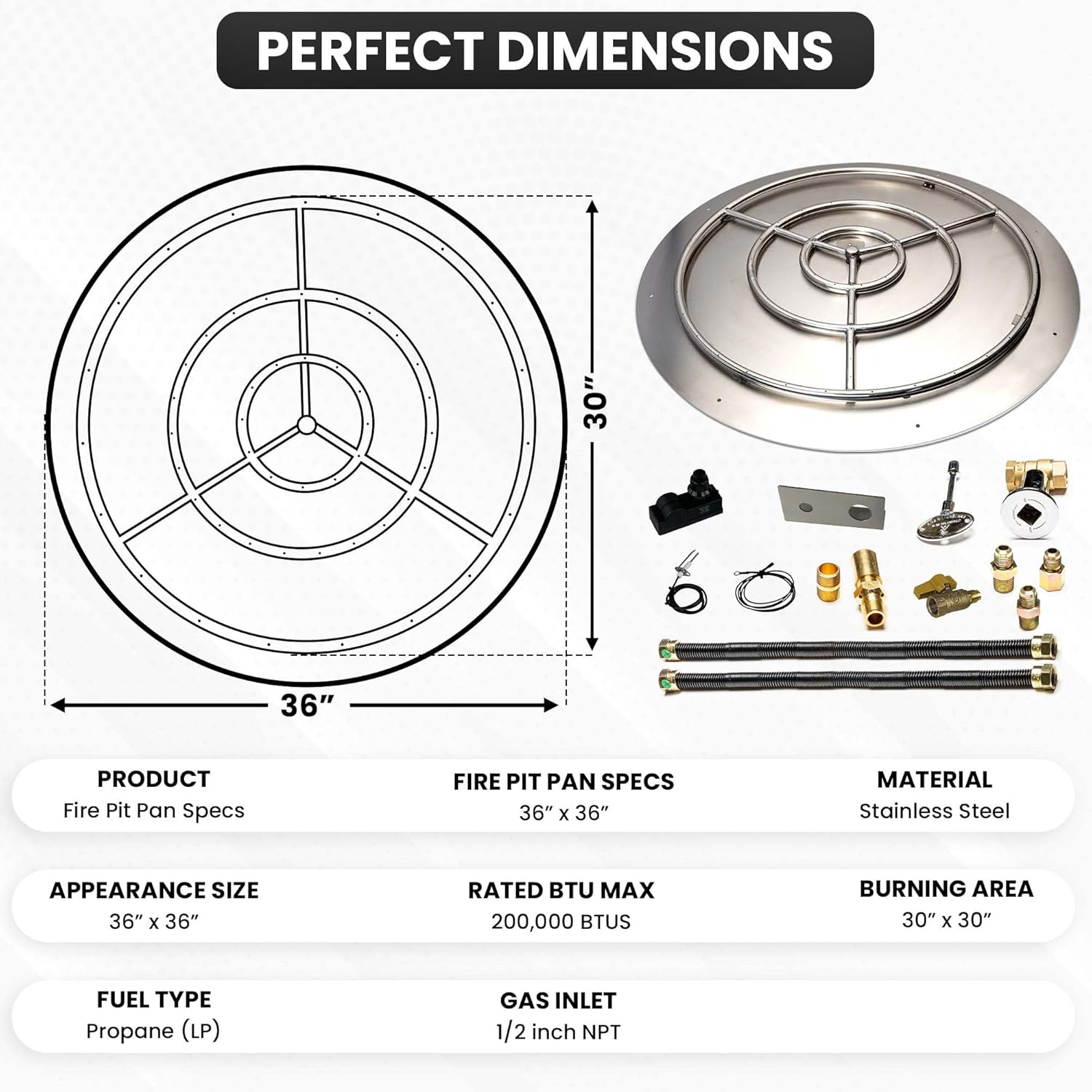 Stainless Steel Fire Pit Burner Pan & Ring Deluxe Kit for Liquid Propane, 36-Inch Pan, 30-Inch Ring, 200,000 BTU Max-VerdiqueGarden