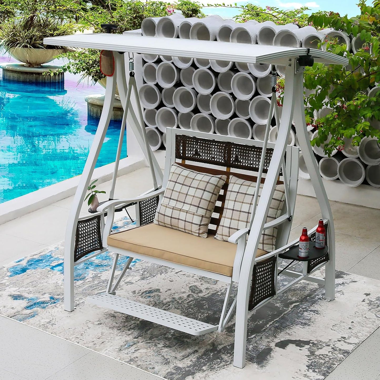 2/3-Seat Outdoor Patio Porch Swing with Adjustable Aluminum Alloy Canopy Solar Patio Swing Chair Bench with Footrest Side Cup Holder for Backyard Lawn (Himalaya White-2 Seat)-VerdiqueGarden