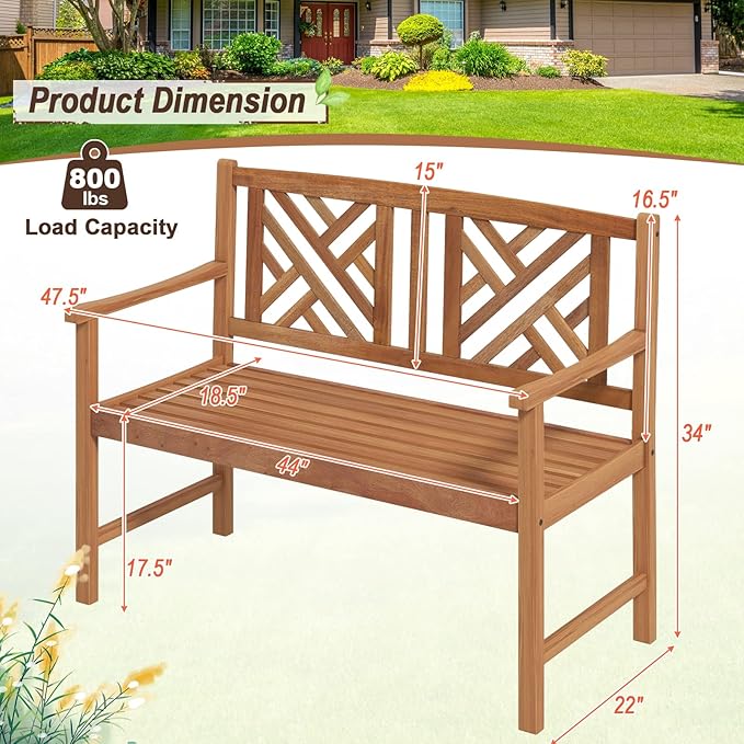 Giantex Outdoor Wooden Garden Bench - 2-Person Acacia Wood Loveseat with Armrests, Backrest, 800lbs Capacity, Patio Park Bench for Backyard, Front Porch Bench (Non-Foldable)-VerdiqueGarden