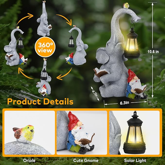 Solar Outdoor Garden Statues Lights, Elephant Figurines with Cute Gnome Garden Sculpture Decor, Luck Elephant Gifts for Woman Mother or Daughter, Unique Housewarming Gifts and Yard Decor-VerdiqueGarden