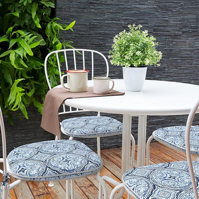 Indoor/Outdoor Chair Cushions 16x17 Inch, Patio Chair Cushions with Ties, All Weather Seat Cushions for Patio Furniture Home Garden Chair Use, Set of 4,Medallion Blue-VerdiqueGarden