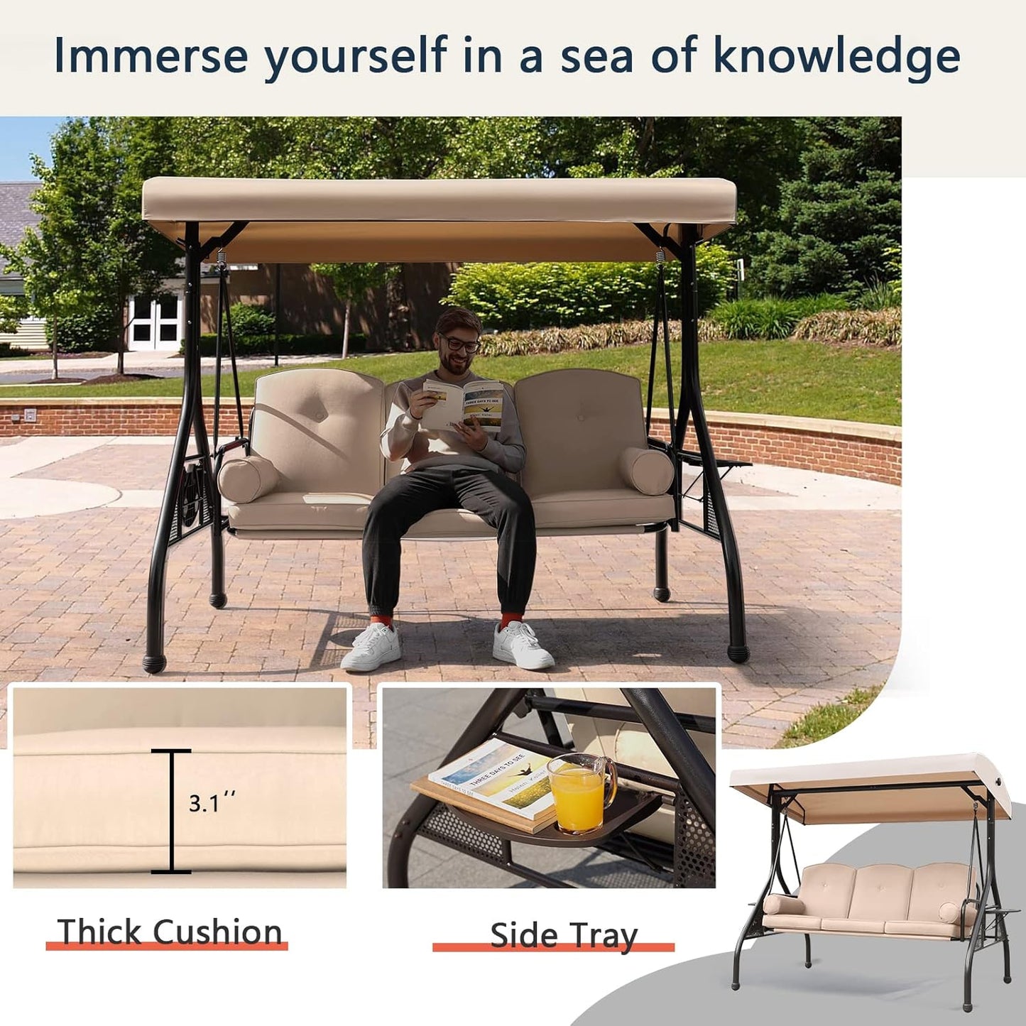 NOBLEMOOD Patio Porch Swing, 3-Seat Outdoor Swing with Adjustable Canopy, Waterproof Fabric Cushion, Pillow and Foldable Side Tray for Patio, Backyard, Porch Swing Bed for Spring-VerdiqueGarden