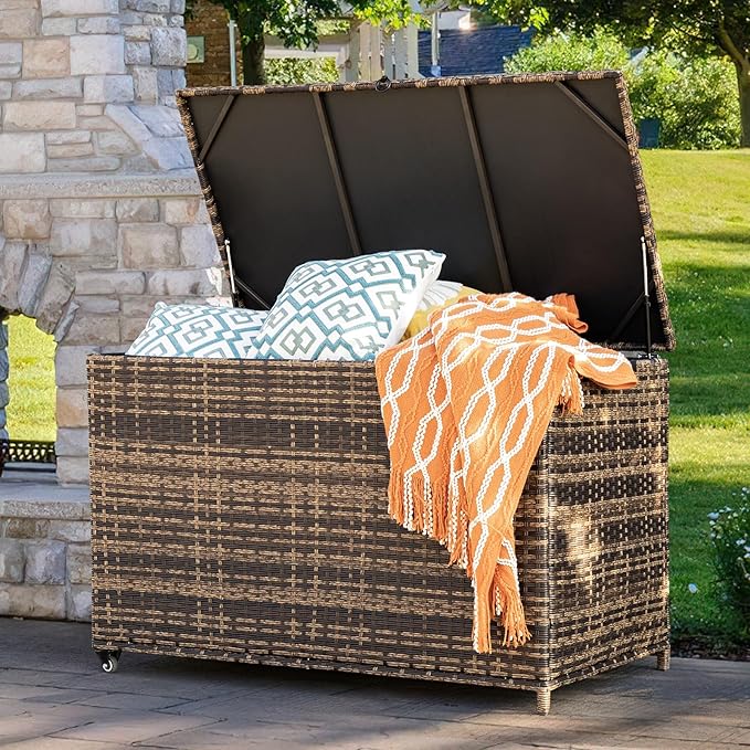 178 Gallon Outdoor Storage Box, Handle Large Portable Wicker Rattan Deck Box for Patio Furniture Cushions, Patio Deck Box with 2 WheelsThrow Pillows, Garden Tools and Pool Floats (Brown)-VerdiqueGarden