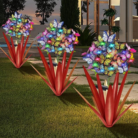 Homight Solar Metal Agave Butterfly Flower Stick Garden Sculpture - Outdoor Gift, Christmas Lights - Swaying Butterfly Garden Lights - Solar Outdoor (3 PCS RED)-VerdiqueGarden