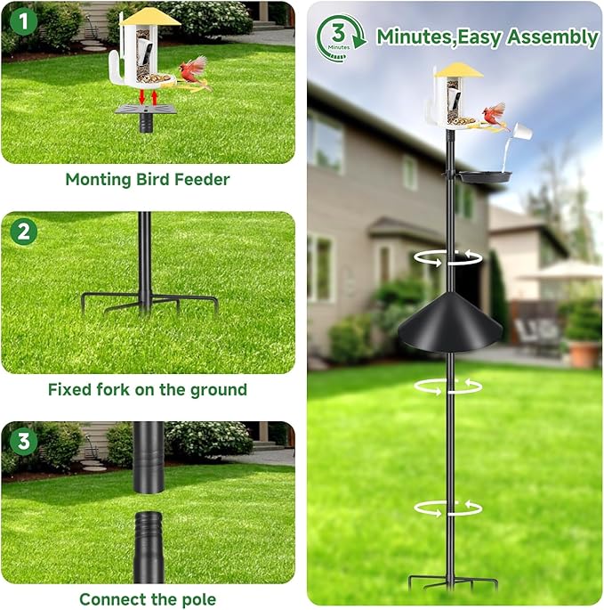 Smart Bird Feeder Pole with Squirrel Baffle & Bath-Heavy Duty Adjustable 3-6.6ft Universal Stand Mount for Backyard&Outdoor Bird Houses/Cameras (80'Pole-Baffle-Bath)-VerdiqueGarden