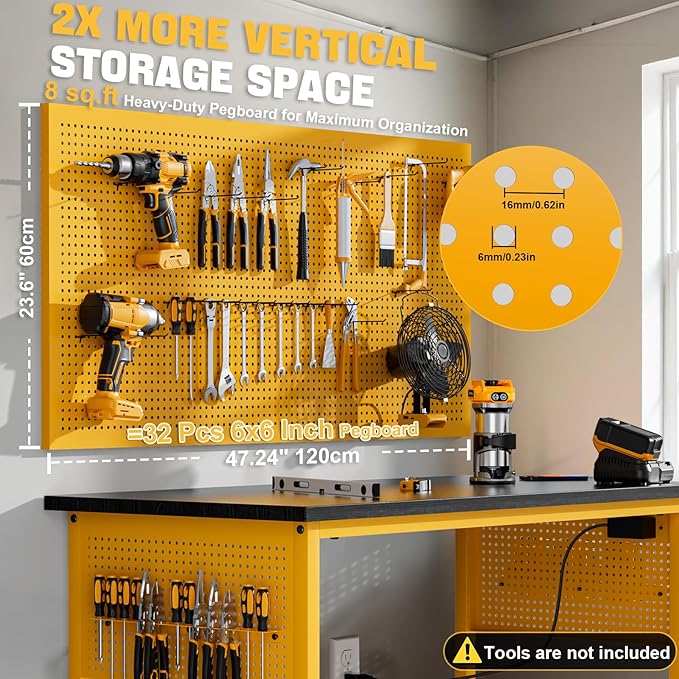 47" Heavy Duty Adjustable Workbench with Power Outlets, Pegboard & Locking Wheels - 2100LB Capacity Garage Work Table, Compatible with DeWalt Battery, Reinforced Steel Frame for Workshop & Home Use-VerdiqueGarden