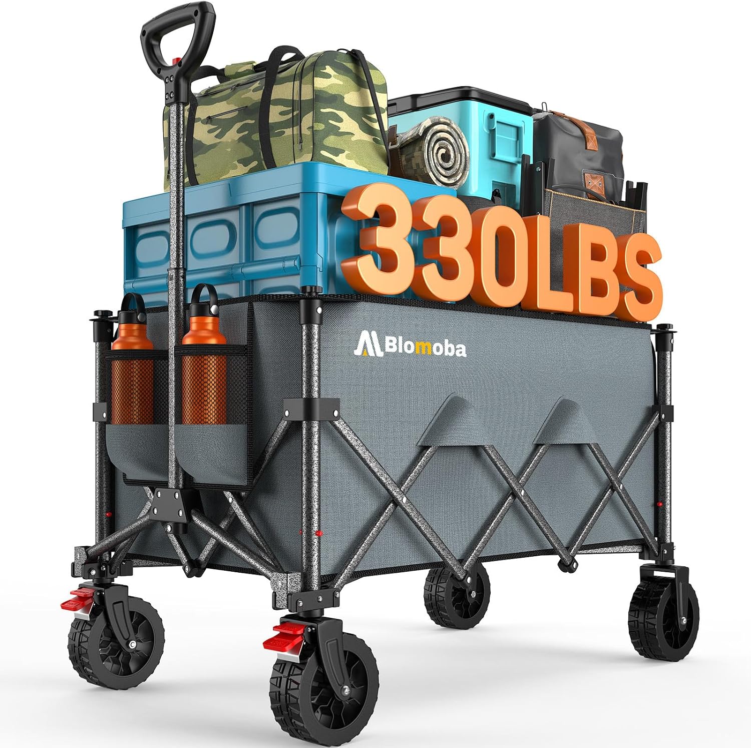 Collapsible Wagon Cart with Wider Wheels, 330lbs Heavy Duty Foldable Beach Wagon with Auto-Rebound Handle, 180L Utility Grocery Shopping Cart for Garden, Shopping, Camping, Sports, Gray-VerdiqueGarden