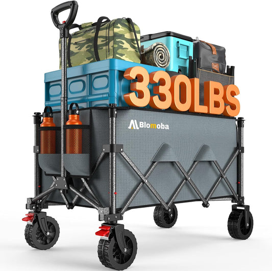 Collapsible Wagon Cart with Wider Wheels, 330lbs Heavy Duty Foldable Beach Wagon with Auto-Rebound Handle, 180L Utility Grocery Shopping Cart for Garden, Shopping, Camping, Sports, Gray-VerdiqueGarden