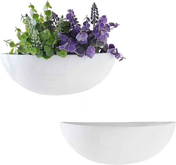 MyGift White Ceramic Wall Planters for Indoor Plants, Half Bowl Hanging Vase, Wall Mounted Succulent Planters, Set of 2-VerdiqueGarden