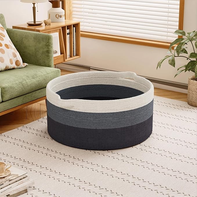 125L Extra Large Blanket Basket, 25" x 16", Jumbo Laundry Woven Basket Decorative Home, Cotton Rope Basket with Handles, Baby Toy Basket for Storage, Gradual Blue-VerdiqueGarden