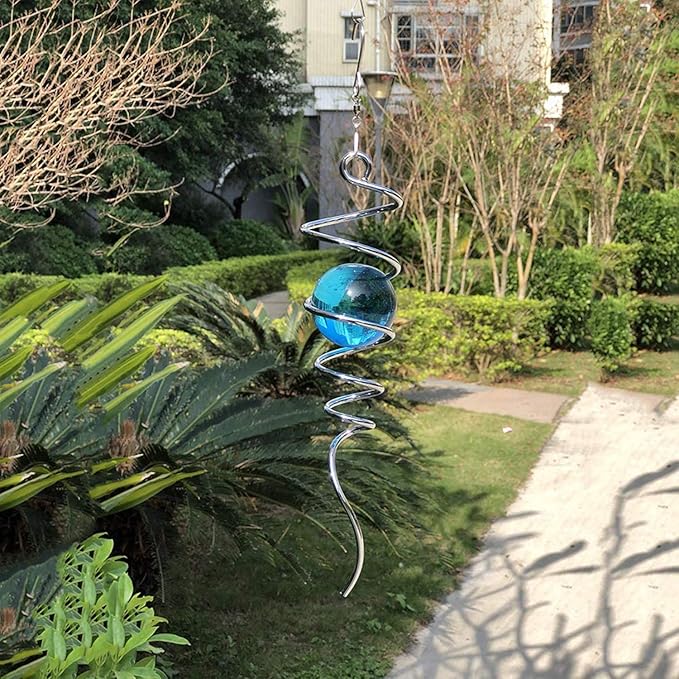FONMY Gazing Ball Spiral Tail -Decorative Wind Spinner 11" inch Tail and 2" inch Glass Orb. Indoor Outdoor Garden Decoration Silver Blue -13 inch Height-VerdiqueGarden