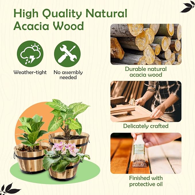 Idzo Set of 3 Wooden Flower Boxes Outdoor, Durable Acacia Wood Barrel Planters for Outdoor Plants with Ergonomic Handles, Drainage Holes, Multiple Sizes Wood Bucket Planter for Home Decor-VerdiqueGarden