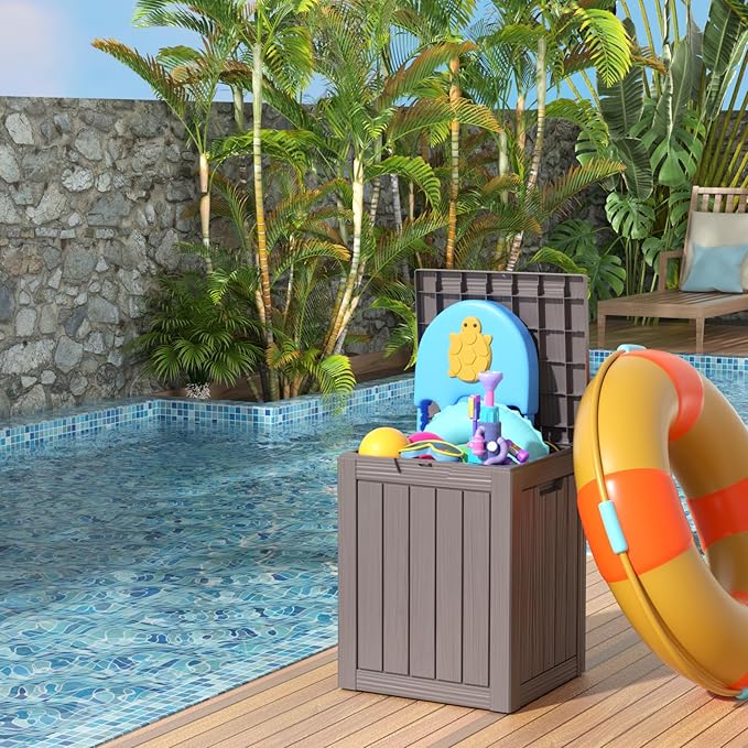 28 Gallon Resin Deck Box, Lockable Patio Outdoor Storage Box for Furniture, Garden Tools and Tools Storage, Waterproof Outside Storage Boxes - Grey-VerdiqueGarden