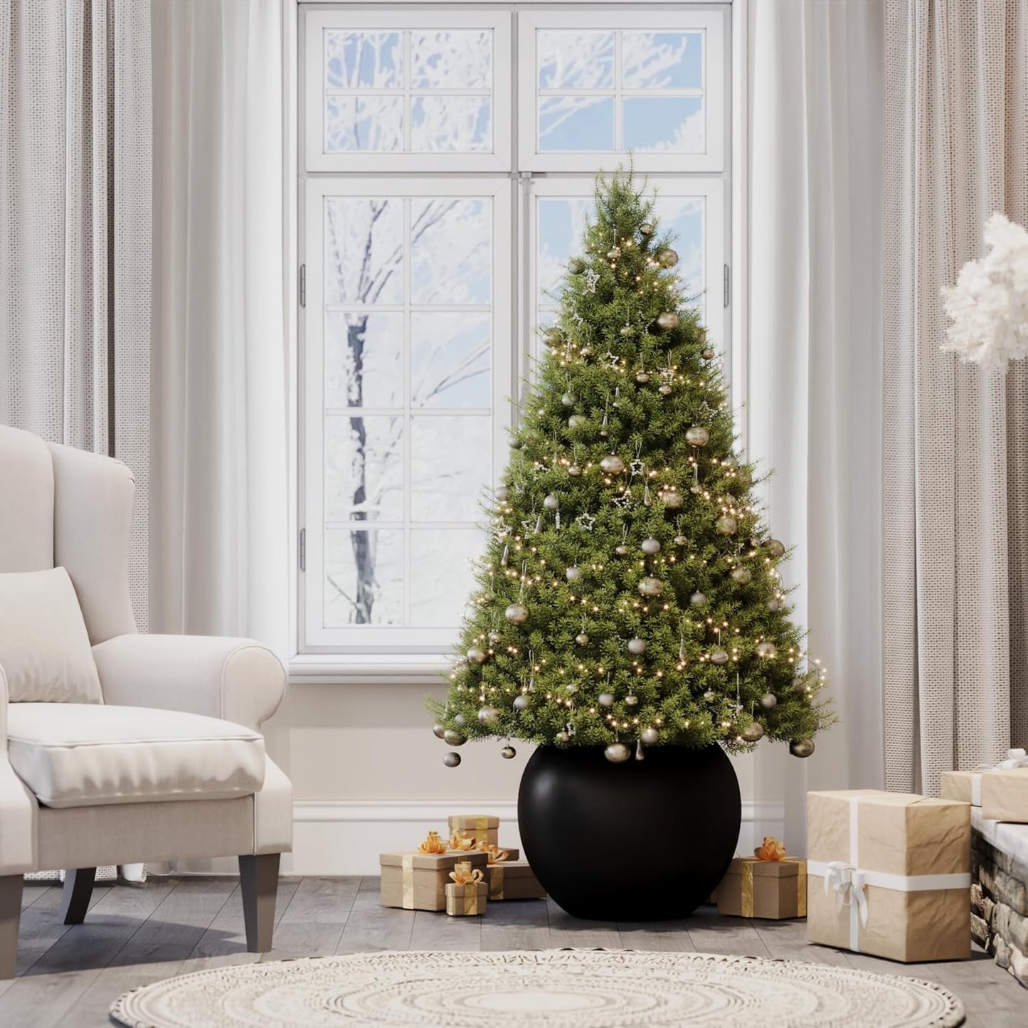 DTY Signature Mount Sherman Lightweight Durable Modern Fiberstone Sphere Planter for Indoor & Outdoor Drainage Hole & Rubber Plug Weather Resistant, 13.5" H x 17" Dia, 12" Opening- Medium, Black-VerdiqueGarden