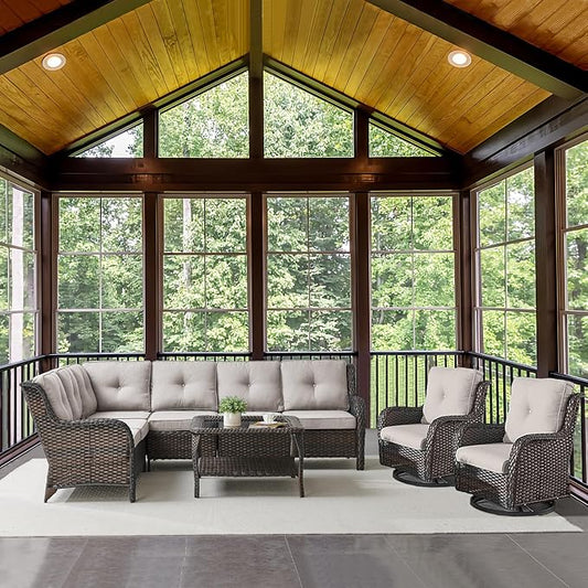 Outdoor Furniture Sectional Sofa L Shaped Couch - Patio Wicker Set with 2 Swivel Glider Chairs, 5 Piece Rattan Patio Conversation Sets with Beige Cushion for Deck Backyard Sunroom-VerdiqueGarden