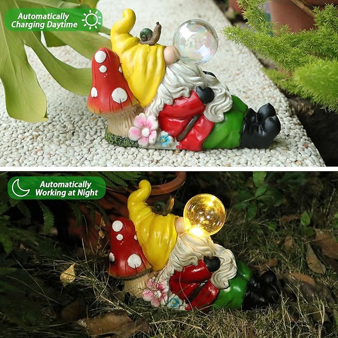 Garden Gnome Statue Outdoor Decor, Funny Gnome Figurine Lying on Mushroom with Crackle Globe Lights, Waterproof Resin Sculptures Lawn Ornament Tabletop Decorations for Porch Yard Decor-VerdiqueGarden