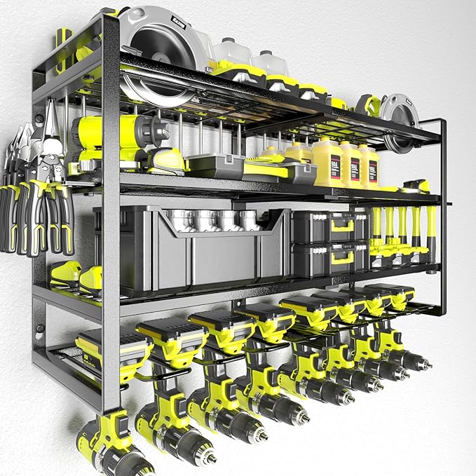 KAFAHOM Power Tool Organizer-8 Drill Holder Wall Mount,4 Layer Heavy Duty Metal Power Tool Storage Rack,Garage Tool Organizer and Storage with Screwdriver Holder/Plier Holder/Hammer Holder-VerdiqueGarden