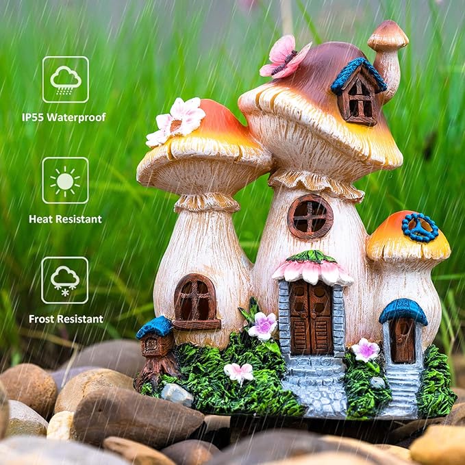Solar Garden Statue Lights Mushroom Fairy House Figurine, Outdoor Memorial Garden Ornaments Waterproof Decoration for Outside Patio Yard Lawn Decor-VerdiqueGarden