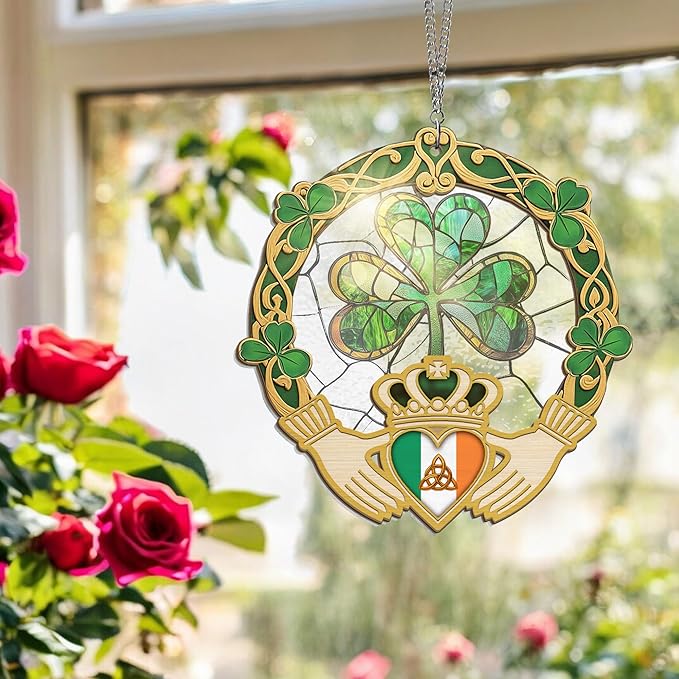 FLAGWIX Irish Gifts for Women, Men - Christmas, Birthday Gifts for Women, St Patricks Day, Shamrock Decorations, Good Luck Gifts, Claddagh, Celtic Home Decor - Window Suncatcher Hanging Decorations-VerdiqueGarden