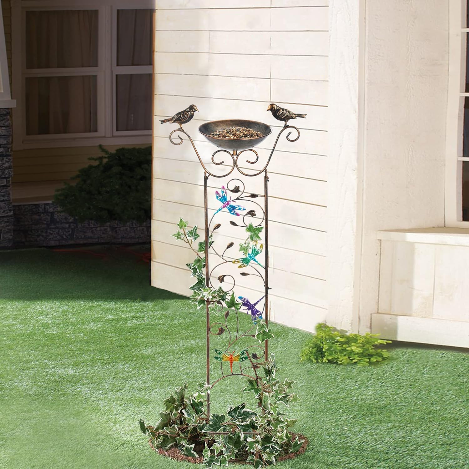 SUNNYPARK Bird Bath with Trellis Outdoor, Antique Garden Iron Plant Trellis with Decorative Dragonfly Detachable Bird Bath Bowl Metal Potted Plant Support for Climbing Flowers-VerdiqueGarden