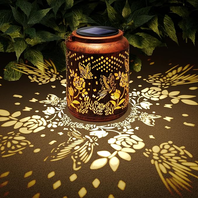 Hyriony Butterfly Solar Lanterns Outdoor Waterproof Metal Hanging Lights, Garden Decor Gifts for Women, Mom, Grandma Solar Decorations for Yard, Patio, Backyard, Porch, Lawn, Walkway, Tabletop-VerdiqueGarden