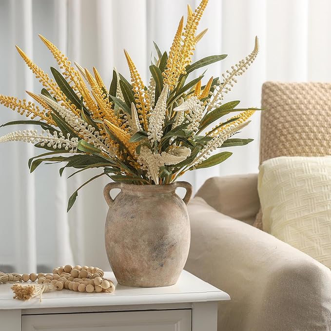 Ceramic Flower Vase 7.6 inch Farmhouse Rustic Vase Decorative Pottery Terracotta Vases for Home Decor Table Mantle Fireplace Living Room Bathroom Wedding Centerpiece (Whitewashed)-VerdiqueGarden