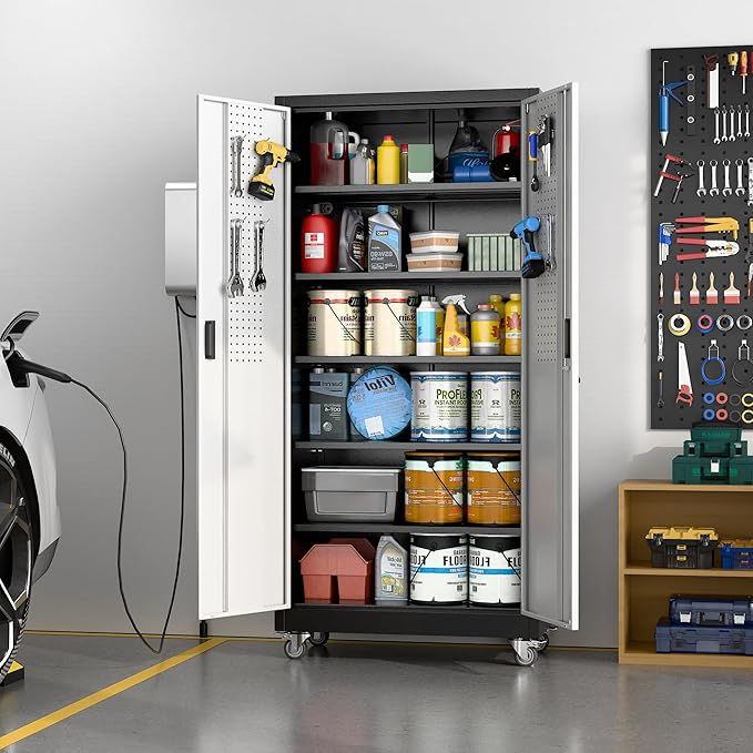 Metal Garage Storage Cabinet with Wheels & Pegboard, Lockable Metal Storage Cabinets with 2 Doors&5 Adjustable Shelves for Garage&Home,Assembly Required,Black Gray 71''H x32''W x16''D-VerdiqueGarden