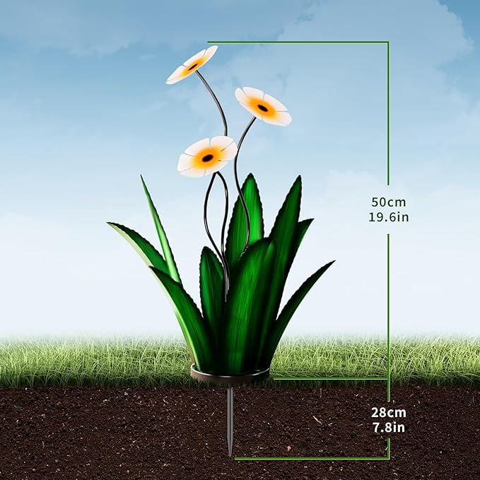 Upgraded Large Metal Yard Art, Metal Agave Plant Yard Decorations Outdoor Sculpture, Metal Flowers for Outside, Waterproof Outdoor Garden Decor (Green + White Flower)-VerdiqueGarden