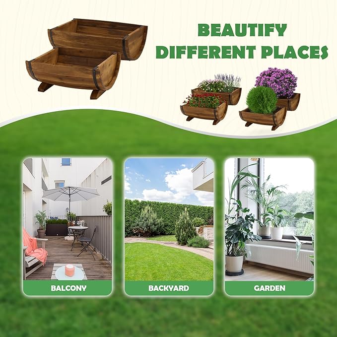 IDZO Solid Acacia Wood Half Barrel Planters Outdoor Set of 2 Different Sizes, Wooden Planters for Outdoor Plants with Metal Bands & Drainage Holes, Legs Included, Brown-VerdiqueGarden