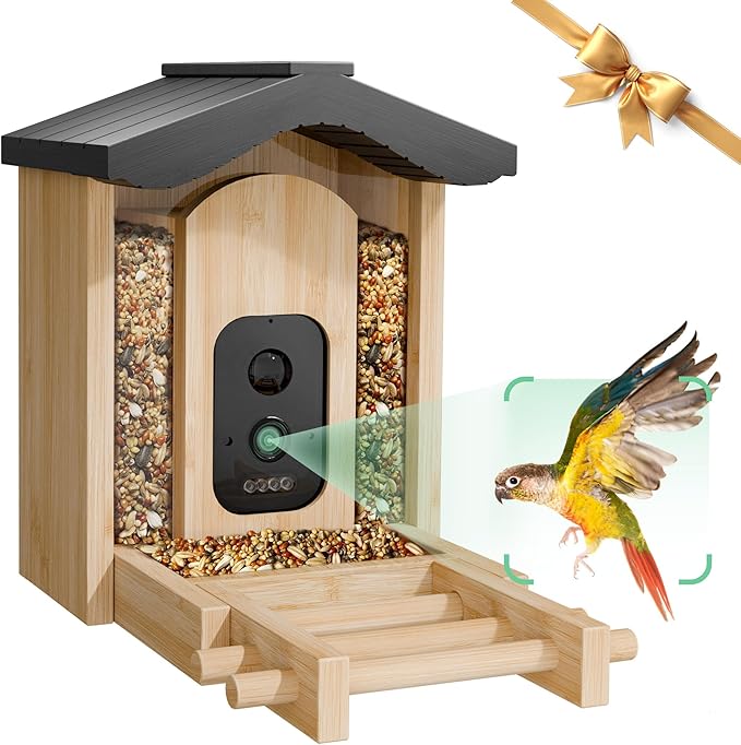 Bird Feeder with Camera, Smart Bird Feeder for Outdoors, Wild Birds Feeders with Solar Panel Bamboo Birds House Camera for Birdlovers, AI Auto Capture Birds & Real-time Notification (Gable)-VerdiqueGarden