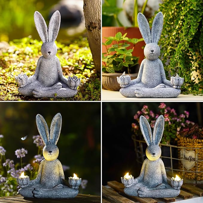 Goodeco Zen Rabbit Statue with Solar Lotus - Garden Yoga Bunny with LED Solar Lotus Lights, Sitting Meditating Buddha Rabbit Serene Resin Figurine for Patio Yard Lawn Ornaments, Home or Outside-VerdiqueGarden