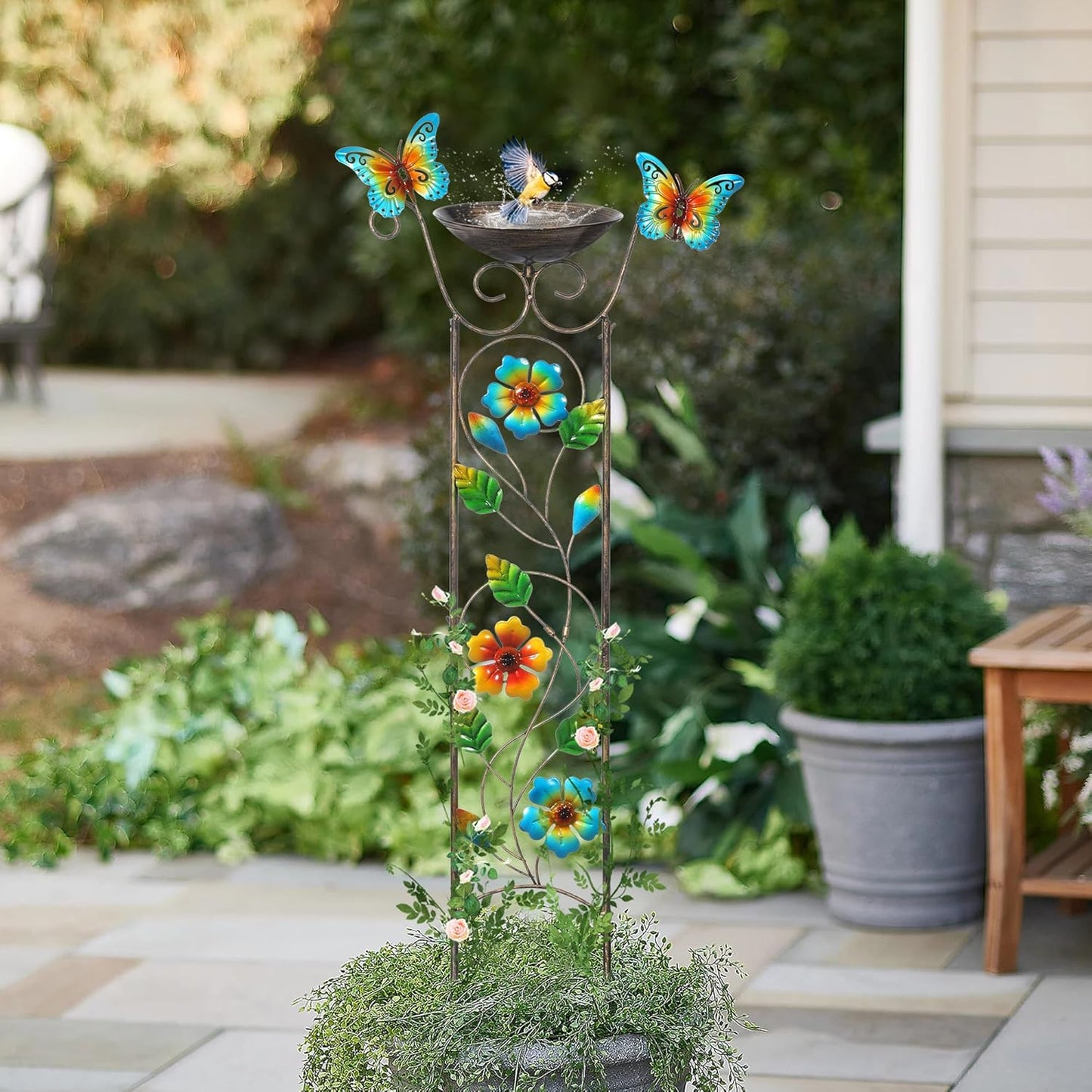 SUNNYPARK Bird Bath with Trellis Outdoor, Antique Garden Iron Plant Trellis with Decorative Floral-Butterflies Detachable Bird Bath Bowl Metal Potted Plants Support for Climbing Flowers-VerdiqueGarden