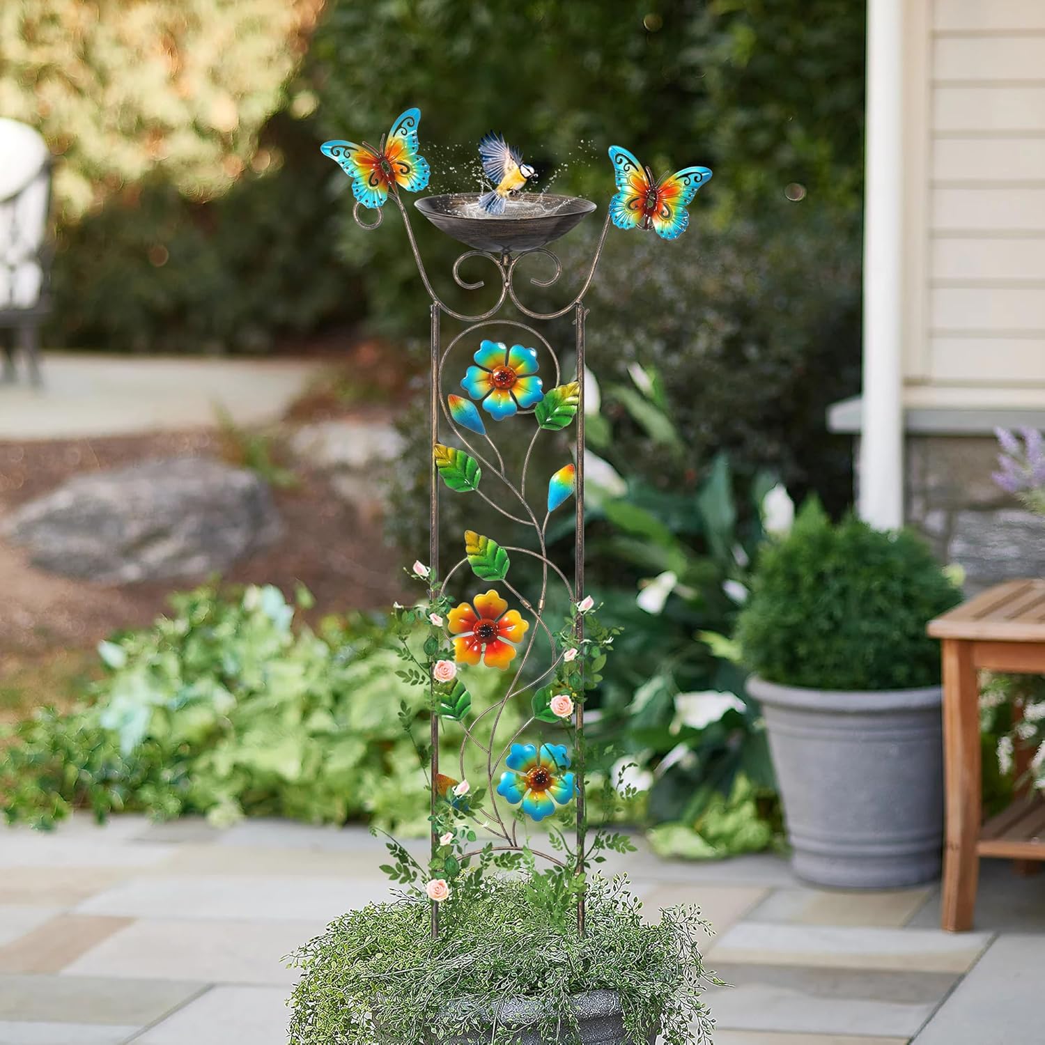 SUNNYPARK Bird Bath with Trellis Outdoor, Antique Garden Iron Plant Trellis with Decorative Floral-Butterflies Detachable Bird Bath Bowl Metal Potted Plants Support for Climbing Flowers-VerdiqueGarden