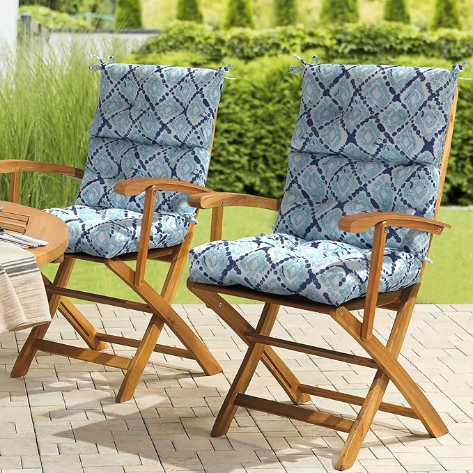 LVTXIII Outdoor Tufted High Back Cushions Set of 2 Patio Seasonal Replacement Rocking Chair Cushion with Ties, Solid Seat and Back Chair Cushion, (44” L x 22W”, Boho Geometry Blue)-VerdiqueGarden