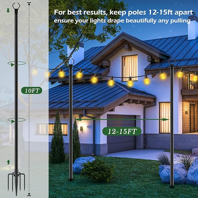Aulimhti 10Ft Metal Poles with Fork for Outdoor String Lights,2 Pack Light Stand for Outside Garden,Patio,Wedding,Backyard,Deck,Party-VerdiqueGarden