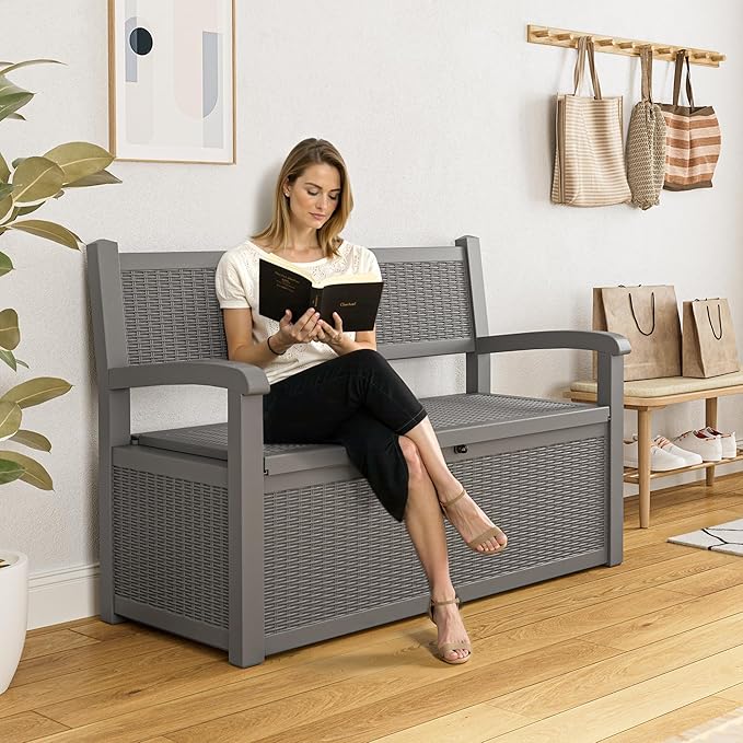 80 Gallon Outdoor Storage Box, Resin Patio Furniture with Armrest, Lockable Deck Box with Waterproof and UV Resistant for Patio Cushions, Garden Tools and Pool Supplies, Grey-VerdiqueGarden