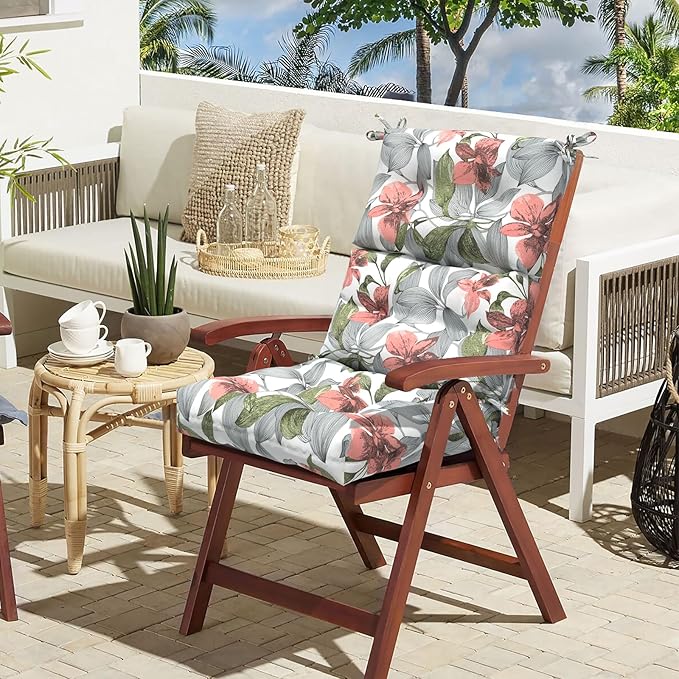 LVTXIII Outdoor Seat/Back Chair Cushion Patio Tufted High Back Cushion, Seasonal Replacement Rocking Chair Cushion with Ties (22” W x 20D”, Set of 2, Clemens Noir Pink)-VerdiqueGarden